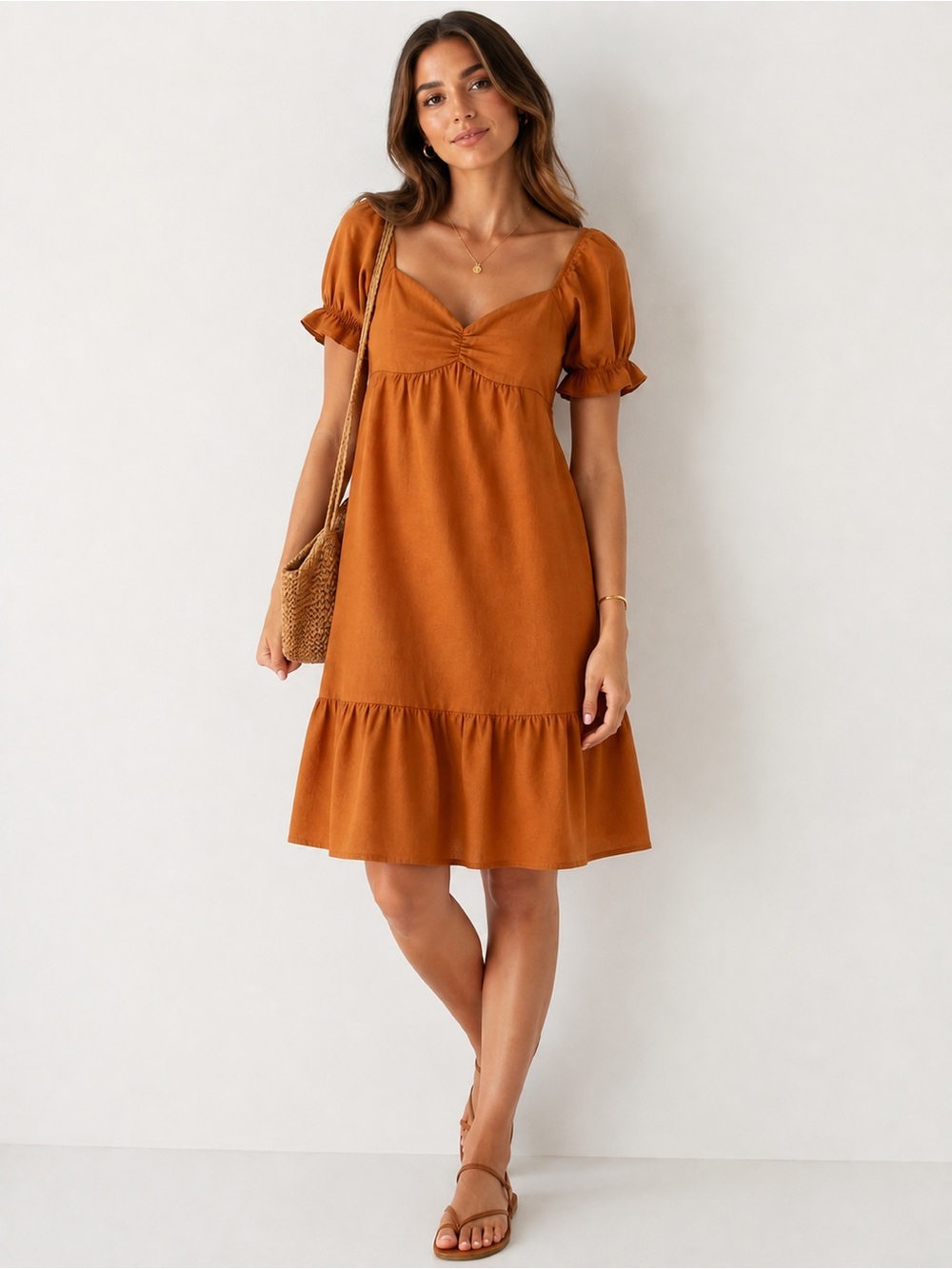 Reitmans Rust-Orange Puff Sleeve Ruffle Linen Blend Dress Cottagecore